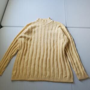 90s Charter Club Sweater Womens Large Yellow 100% Cotton Mock Neck Cable Knit